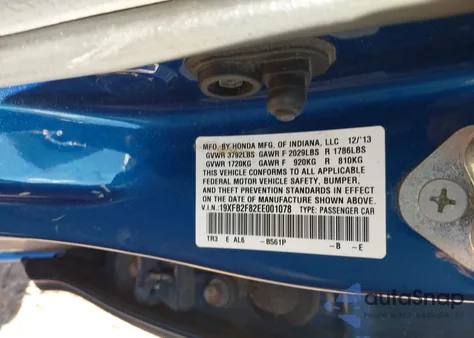 2014 Honda Civic Ex from USA, damaged, VIN 19XFB2F82EE001078